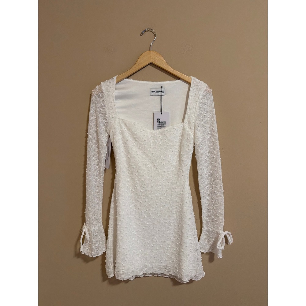 Princess Polly Dalzine Long Sleeve Mini Dress White Swiss Dot‎ US 4
